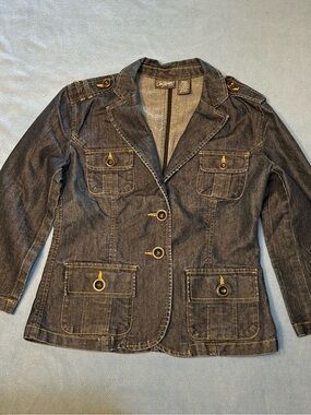 City Streets Dark Denim Button-Front Blazer Jacket